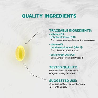 Naturalis Veganes Vitamin D3+K2 aus Algen | 5000 IE D3 mit 120 mcg MK7 | Vegan Society zertifiziert, nachhaltig, besser als tierisches | Unterstützt Knochen- & Immunsystem* | 60 Softgels