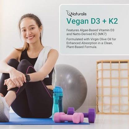 Naturalis Veganes Vitamin D3+K2 aus Algen | 5000 IE D3 mit 120 mcg MK7 | Vegan Society zertifiziert, nachhaltig, besser als tierisches | Unterstützt Knochen- & Immunsystem* | 60 Softgels