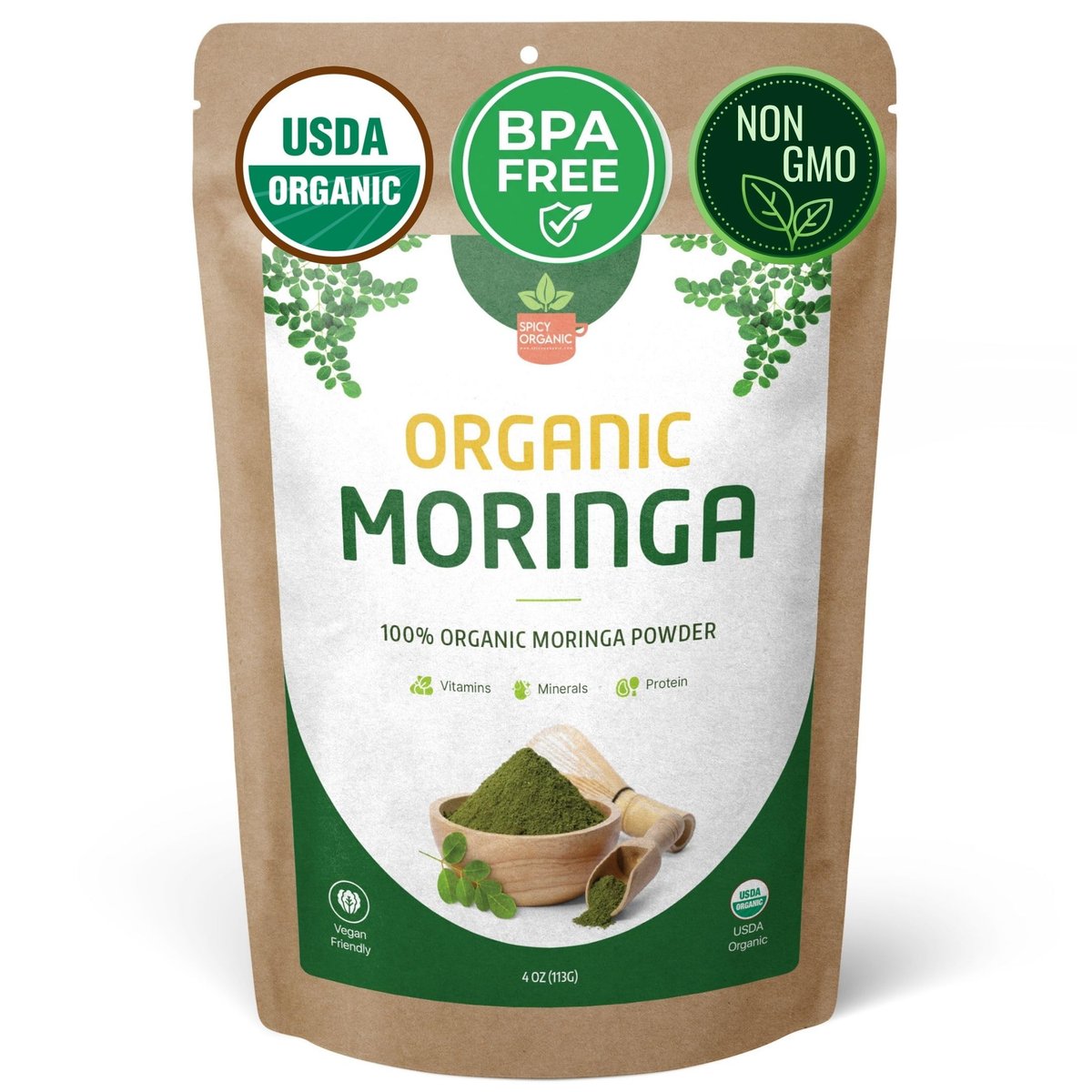 SPICY ORGANIC Bio Moringa Pulver 113 g | Bio Moringa Blattpulver | Natürliche Energie, Vegan, Nicht-GVO, Glutenfrei – für Smoothies, Tees, Kochen – Wieder verschließbarer Beutel