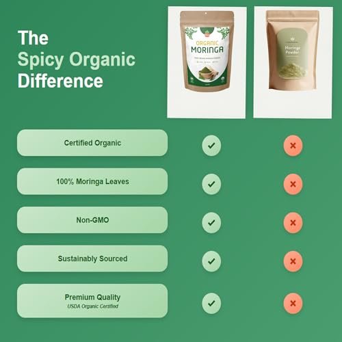SPICY ORGANIC USDA Bio Moringa Pulver 227 g | Bio Moringa Blattpulver | Natürliche Energie, Vegan, Ohne Gentechnik, Glutenfrei – Für Smoothies, Tees, Kochen – Wieder verschließbarer Beutel