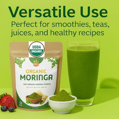 SPICY ORGANIC USDA Bio Moringa Pulver 227 g | Bio Moringa Blattpulver | Natürliche Energie, Vegan, Ohne Gentechnik, Glutenfrei – Für Smoothies, Tees, Kochen – Wieder verschließbarer Beutel