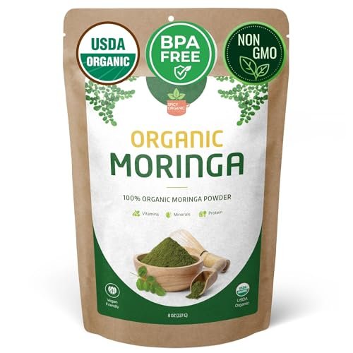 SPICY ORGANIC USDA Bio Moringa Pulver 227 g | Bio Moringa Blattpulver | Natürliche Energie, Vegan, Ohne Gentechnik, Glutenfrei – Für Smoothies, Tees, Kochen – Wieder verschließbarer Beutel