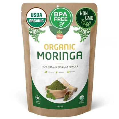 SPICY ORGANIC USDA Bio Moringa Pulver 227 g | Bio Moringa Blattpulver | Natürliche Energie, Vegan, Ohne Gentechnik, Glutenfrei – Für Smoothies, Tees, Kochen – Wieder verschließbarer Beutel