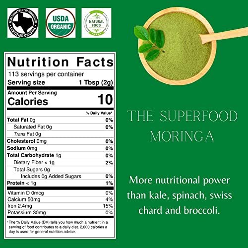SPICY ORGANIC USDA Bio Moringa Pulver 227 g | Bio Moringa Blattpulver | Natürliche Energie, Vegan, Ohne Gentechnik, Glutenfrei – Für Smoothies, Tees, Kochen – Wieder verschließbarer Beutel
