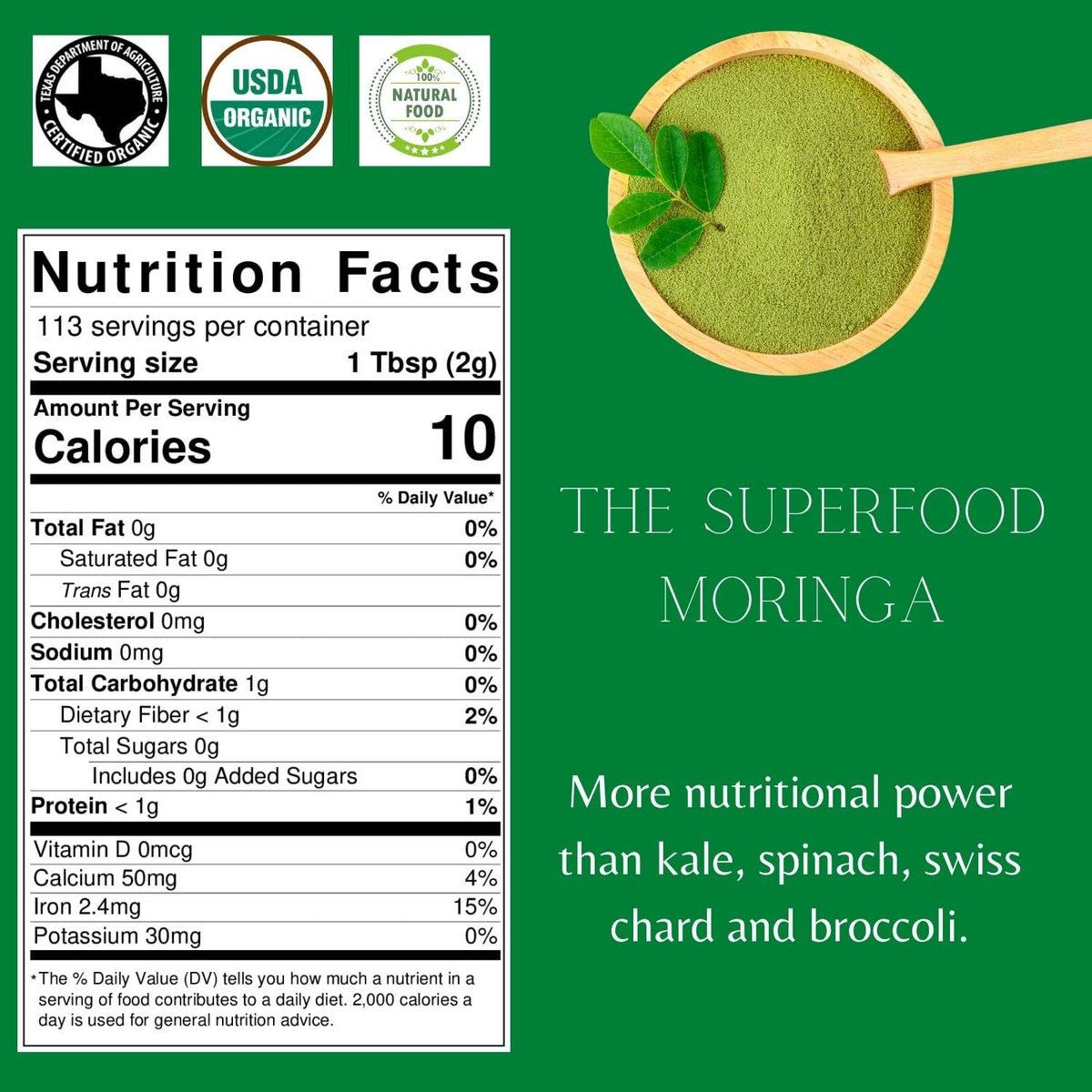 SPICY ORGANIC USDA Bio Moringa Pulver 227 g | Bio Moringa Blattpulver | Natürliche Energie, Vegan, Ohne Gentechnik, Glutenfrei – Für Smoothies, Tees, Kochen – Wieder verschließbarer Beutel
