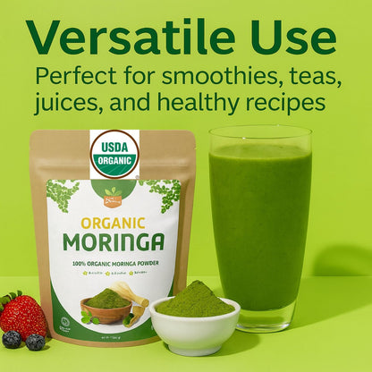 SPICY ORGANIC USDA Bio Moringa Pulver 227 g | Bio Moringa Blattpulver | Natürliche Energie, Vegan, Ohne Gentechnik, Glutenfrei – Für Smoothies, Tees, Kochen – Wieder verschließbarer Beutel