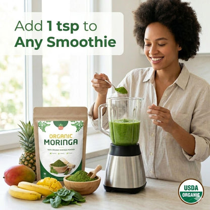 SPICY ORGANIC USDA Bio Moringa Pulver 227 g | Bio Moringa Blattpulver | Natürliche Energie, Vegan, Ohne Gentechnik, Glutenfrei – Für Smoothies, Tees, Kochen – Wieder verschließbarer Beutel