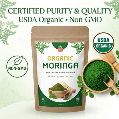 SPICY ORGANIC USDA Bio Moringa Pulver 227 g | Bio Moringa Blattpulver | Natürliche Energie, Vegan, Ohne Gentechnik, Glutenfrei – Für Smoothies, Tees, Kochen – Wieder verschließbarer Beutel