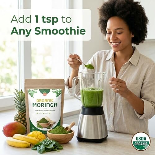SPICY ORGANIC USDA Bio Moringa Pulver 227 g | Bio Moringa Blattpulver | Natürliche Energie, Vegan, Ohne Gentechnik, Glutenfrei – Für Smoothies, Tees, Kochen – Wieder verschließbarer Beutel