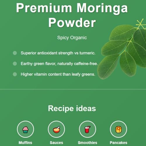 SPICY ORGANIC USDA Bio Moringa Pulver 227 g | Bio Moringa Blattpulver | Natürliche Energie, Vegan, Ohne Gentechnik, Glutenfrei – Für Smoothies, Tees, Kochen – Wieder verschließbarer Beutel