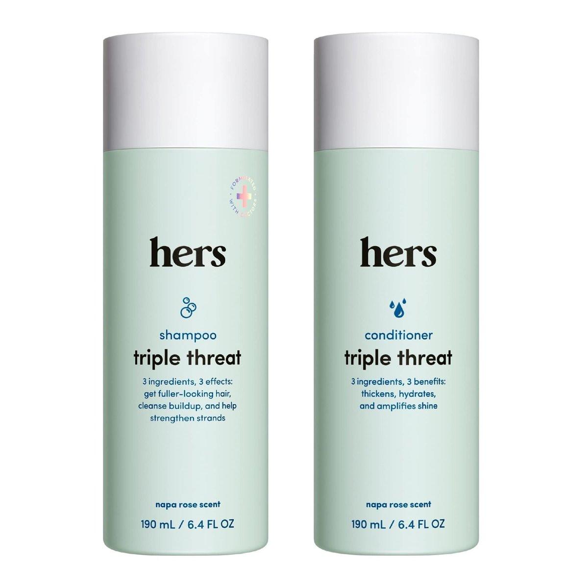 Hers Triple Threat Shampoo & Conditioner Set - Biotin, Sägepalmen- & Kürbiskernöl-Formel - Für mehr Fülle & Feuchtigkeit - Farbsicher, Parabenfrei, Vegan - Napa Rose Duft - 2 x 190 ml