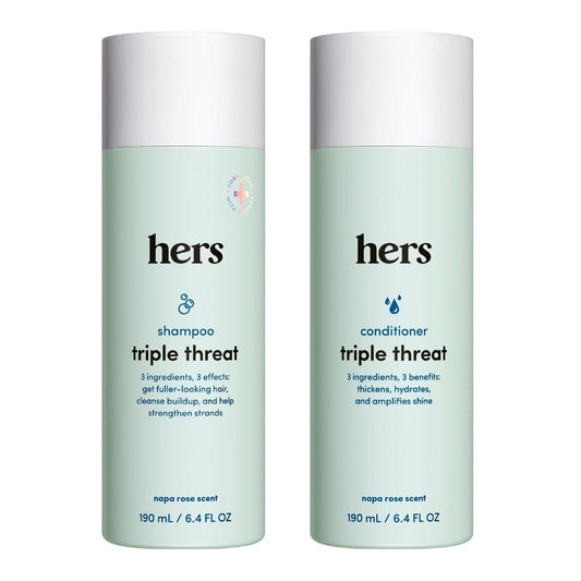 Hers Triple Threat Shampoo & Conditioner Set - Biotin, Sägepalmen- & Kürbiskernöl-Formel - Für mehr Fülle & Feuchtigkeit - Farbsicher, Parabenfrei, Vegan - Napa Rose Duft - 2 x 190 ml