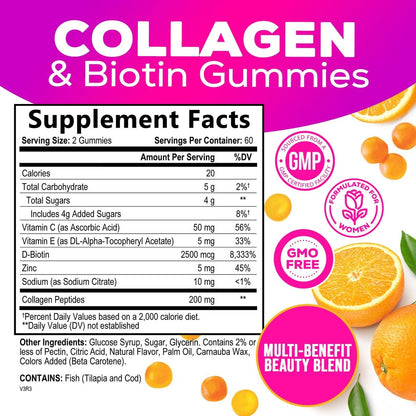 Collagen Gummis – 2500mcg Biotin pro Portion – Komplettes Kollagenpräparat mit hydrolysierten Peptiden Typ I & III, Biotin, Zink & Vitamin C – Haar-, Haut- & Nagelunterstützung für Frauen & Männer – 120 Gummis