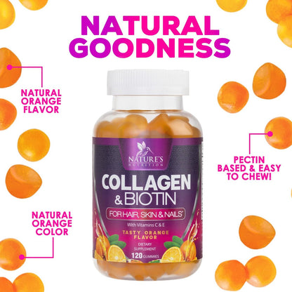 Collagen Gummis – 2500mcg Biotin pro Portion – Komplettes Kollagenpräparat mit hydrolysierten Peptiden Typ I & III, Biotin, Zink & Vitamin C – Haar-, Haut- & Nagelunterstützung für Frauen & Männer – 120 Gummis