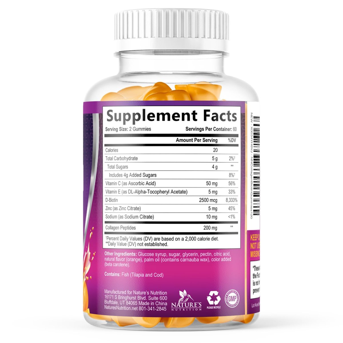 Collagen Gummis – 2500mcg Biotin pro Portion – Komplettes Kollagenpräparat mit hydrolysierten Peptiden Typ I & III, Biotin, Zink & Vitamin C – Haar-, Haut- & Nagelunterstützung für Frauen & Männer – 120 Gummis