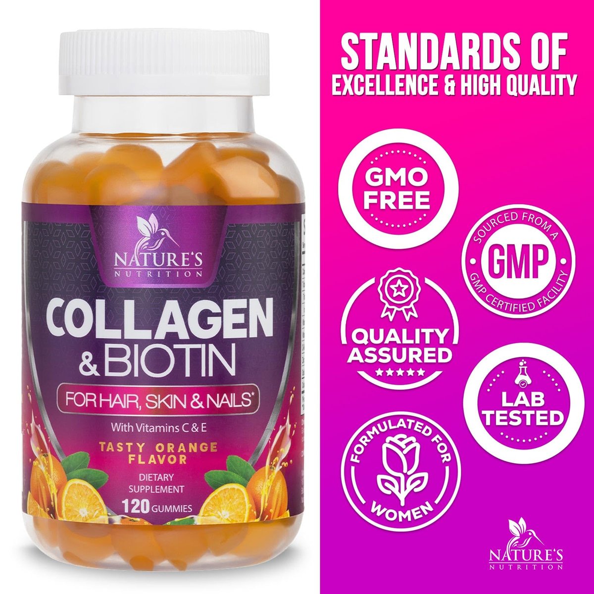 Collagen Gummis – 2500mcg Biotin pro Portion – Komplettes Kollagenpräparat mit hydrolysierten Peptiden Typ I & III, Biotin, Zink & Vitamin C – Haar-, Haut- & Nagelunterstützung für Frauen & Männer – 120 Gummis