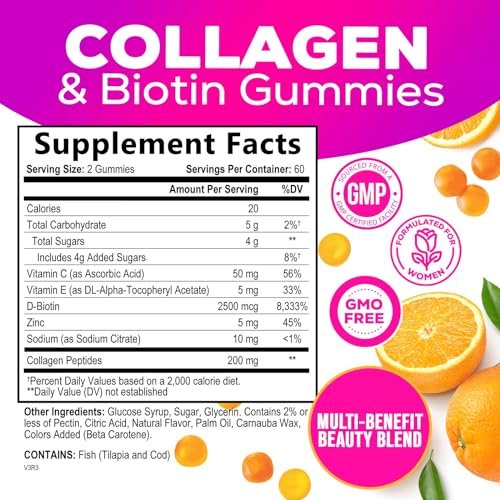Collagen Gummis – 2500mcg Biotin pro Portion – Komplettes Kollagenpräparat mit hydrolysierten Peptiden Typ I & III, Biotin, Zink & Vitamin C – Haar-, Haut- & Nagelunterstützung für Frauen & Männer – 120 Gummis