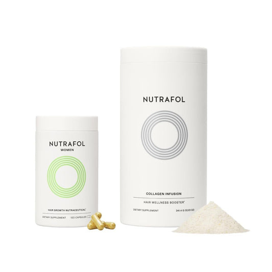 Nutrafol Frauen Haarpflege-Set: Haarwachstums-Ergänzung und Kollagen-Peptide-Pulver, für Frauen 18-44, ärztlich formuliert für sichtbar dickeres und stärkeres Haar, dermatologisch empfohlen - 1-Monatsvorrat, 340 g Flasche