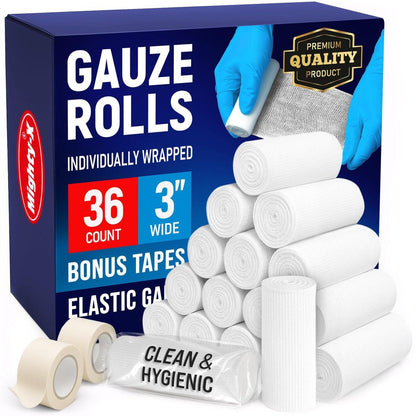 Mighty-X 36er Pack Mullbinden 3" x 4,1yd – Weiche, atmungsaktive, latexfreie, einzeln verpackte Verbandrollen mit Klebeband-Bonus – Dehnbarer Fixierverband für die Wundversorgung – auch als Tierverband geeignet