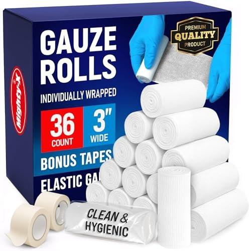 Mighty-X 36er Pack Mullbinden 3" x 4,1yd – Weiche, atmungsaktive, latexfreie, einzeln verpackte Verbandrollen mit Klebeband-Bonus – Dehnbarer Fixierverband für die Wundversorgung – auch als Tierverband geeignet