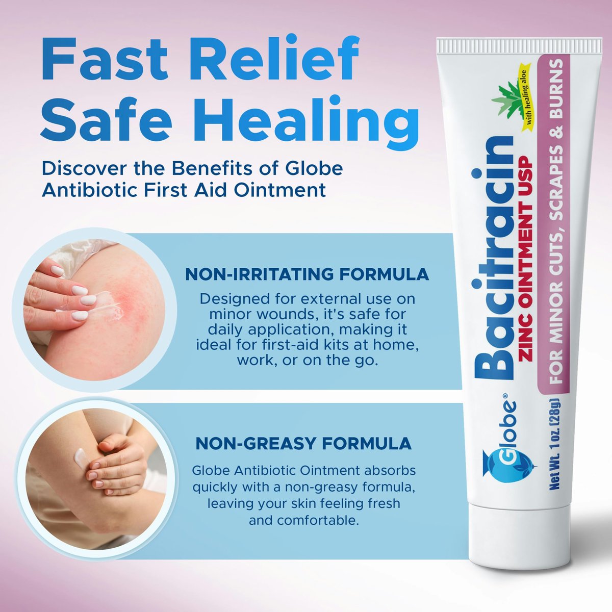 Globe (3er Pack) Bacitracin Zink Salbe + Aloe 28g – Maximalstarkes Antibiotikum zur Wundheilung – Topische Medizinische Lösung für Schnitte, Verbrennungen, Schürfwunden – Hautinfektion & Erste-Hilfe-Grundausstattung