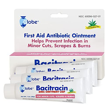 Globe (3er Pack) Bacitracin Zink Salbe + Aloe 28g – Maximalstarkes Antibiotikum zur Wundheilung – Topische Medizinische Lösung für Schnitte, Verbrennungen, Schürfwunden – Hautinfektion & Erste-Hilfe-Grundausstattung