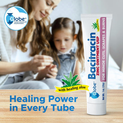 Globe (3er Pack) Bacitracin Zink Salbe + Aloe 28g – Maximalstarkes Antibiotikum zur Wundheilung – Topische Medizinische Lösung für Schnitte, Verbrennungen, Schürfwunden – Hautinfektion & Erste-Hilfe-Grundausstattung