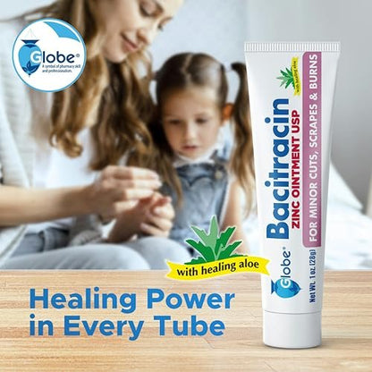 Globe (3er Pack) Bacitracin Zink Salbe + Aloe 28g – Maximalstarkes Antibiotikum zur Wundheilung – Topische Medizinische Lösung für Schnitte, Verbrennungen, Schürfwunden – Hautinfektion & Erste-Hilfe-Grundausstattung