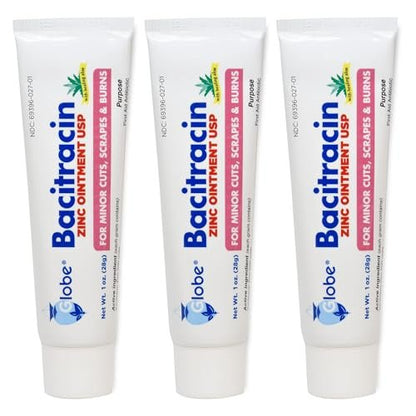 Globe (3er Pack) Bacitracin Zink Salbe + Aloe 28g – Maximalstarkes Antibiotikum zur Wundheilung – Topische Medizinische Lösung für Schnitte, Verbrennungen, Schürfwunden – Hautinfektion & Erste-Hilfe-Grundausstattung