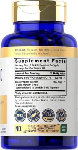 Carlyle CoQ10 300 mg – 120 Softgels | Mega Q-Sorb Coenzym Q-10 mit schwarzem Pfefferextrakt | Nicht-GMO, glutenfreies Nahrungsergänzungsmittel