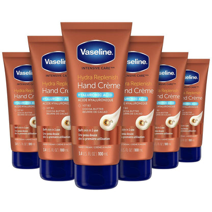 Vaseline Intensive Care Hand Crème Feuchtigkeitscreme für trockene Hände mit Hyaluronsäure, Vitamin B3 und Kakaobutter, 3,4 oz (6er-Pack)