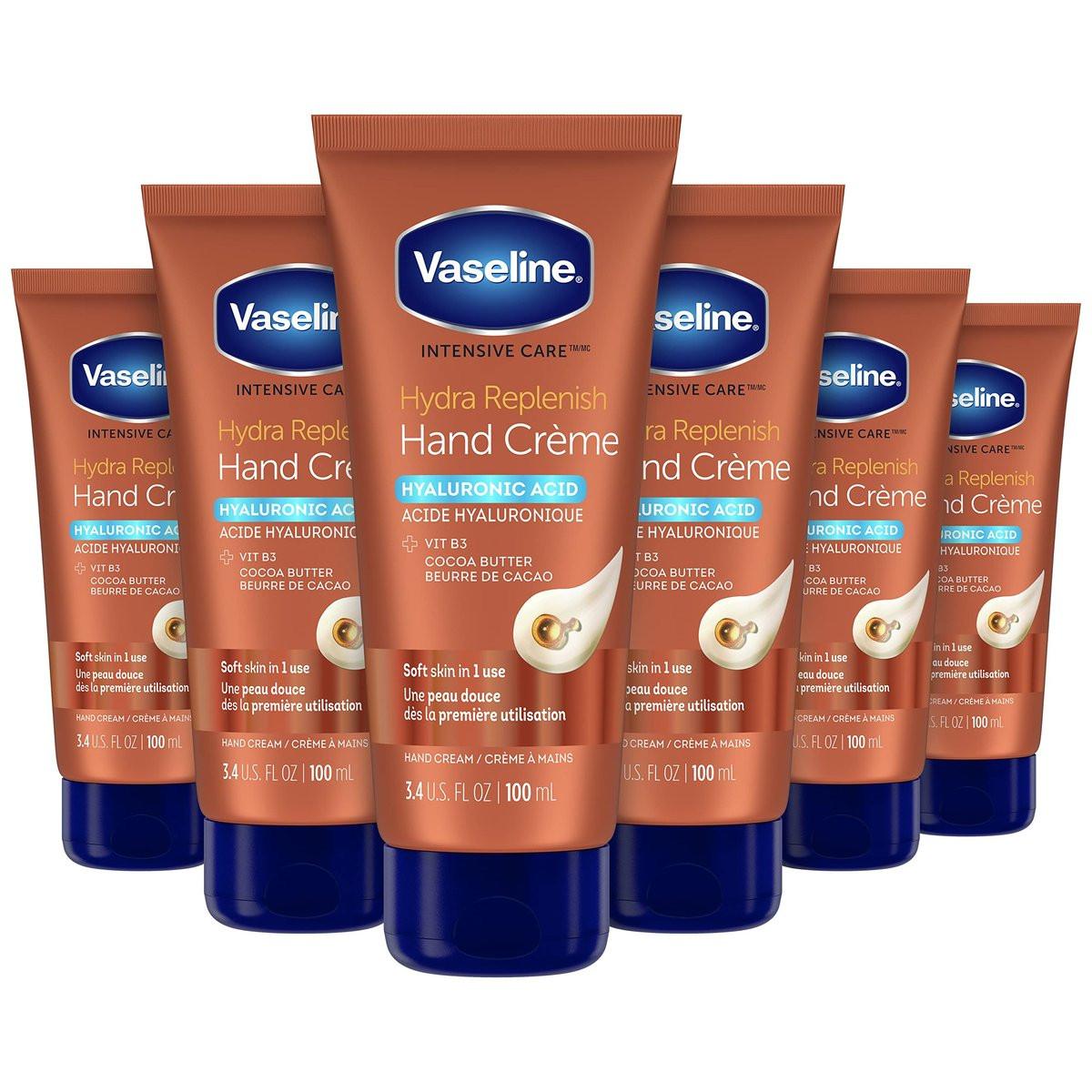 Vaseline Intensive Care Hand Crème Feuchtigkeitscreme für trockene Hände mit Hyaluronsäure, Vitamin B3 und Kakaobutter, 3,4 oz (6er-Pack)