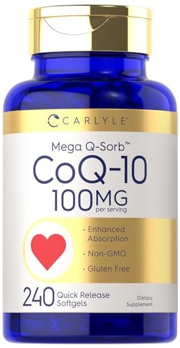 Carlyle CoQ10 100mg Weichkapseln | 240 Stück | Mega Q-Sorb Coenzym Q-10 | mit Schwarzem Pfeffer Extrakt | Nicht-GVO & Glutenfrei
