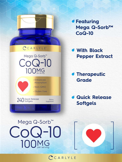 Carlyle CoQ10 100mg Weichkapseln | 240 Stück | Mega Q-Sorb Coenzym Q-10 | mit Schwarzem Pfeffer Extrakt | Nicht-GVO & Glutenfrei