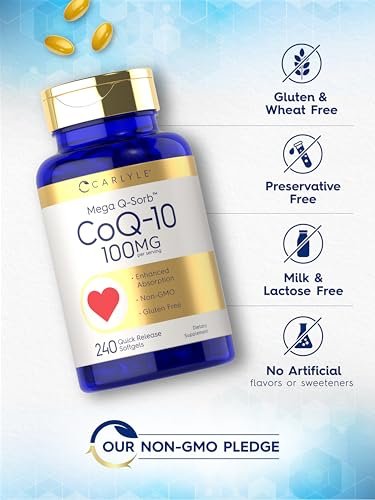 Carlyle CoQ10 100mg Weichkapseln | 240 Stück | Mega Q-Sorb Coenzym Q-10 | mit Schwarzem Pfeffer Extrakt | Nicht-GVO & Glutenfrei
