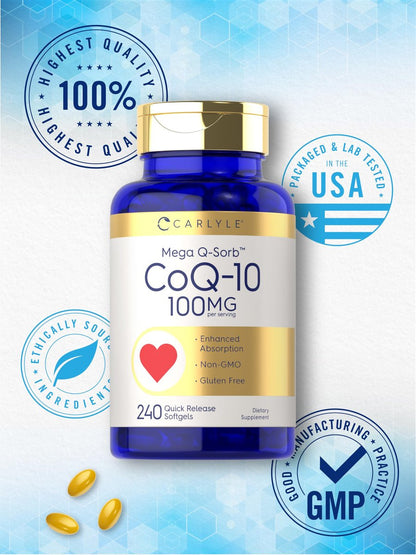 Carlyle CoQ10 100mg Weichkapseln | 240 Stück | Mega Q-Sorb Coenzym Q-10 | mit Schwarzem Pfeffer Extrakt | Nicht-GVO & Glutenfrei