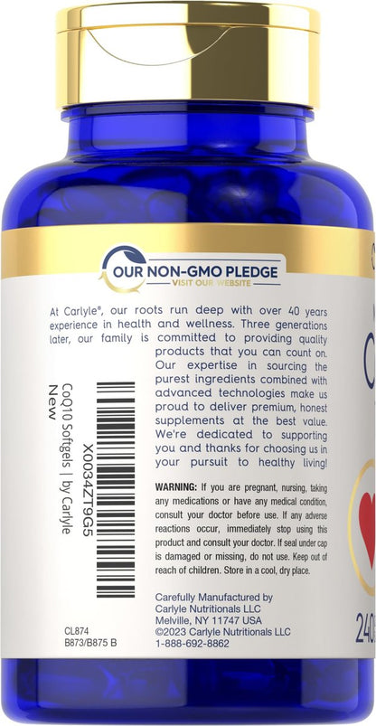 Carlyle CoQ10 100mg Weichkapseln | 240 Stück | Mega Q-Sorb Coenzym Q-10 | mit Schwarzem Pfeffer Extrakt | Nicht-GVO & Glutenfrei