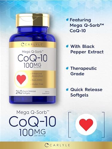 Carlyle CoQ10 100mg Weichkapseln | 240 Stück | Mega Q-Sorb Coenzym Q-10 | mit Schwarzem Pfeffer Extrakt | Nicht-GVO & Glutenfrei