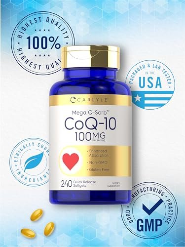 Carlyle CoQ10 100mg Weichkapseln | 240 Stück | Mega Q-Sorb Coenzym Q-10 | mit Schwarzem Pfeffer Extrakt | Nicht-GVO & Glutenfrei