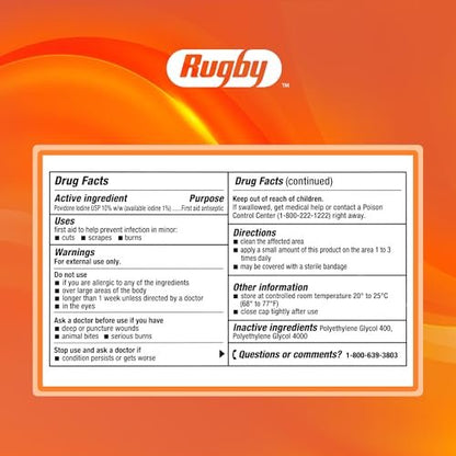 Rugby First Aid Antiseptische Salbe, Povidon-Iod USP 10% topische Lösung, hilft Infektionen bei kleinen Schnitten, Schürfwunden und Verbrennungen vorzubeugen - 28 g