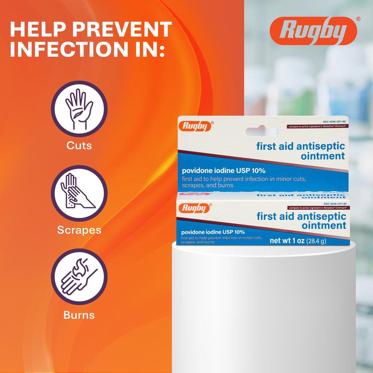 Rugby First Aid Antiseptische Salbe, Povidon-Iod USP 10% topische Lösung, hilft Infektionen bei kleinen Schnitten, Schürfwunden und Verbrennungen vorzubeugen - 28 g
