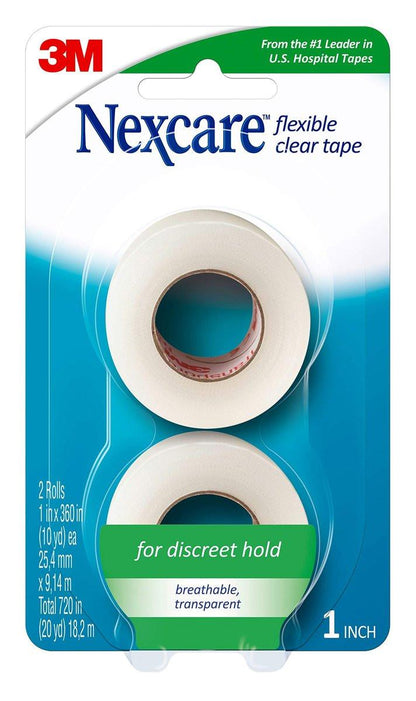Nexcare Flexible Clear Tape – Wasserdichtes, transparentes medizinisches Klebeband zur Fixierung von Verbänden und Katheterschläuchen – 1 Zoll x 10 Yards, 2 Rollen