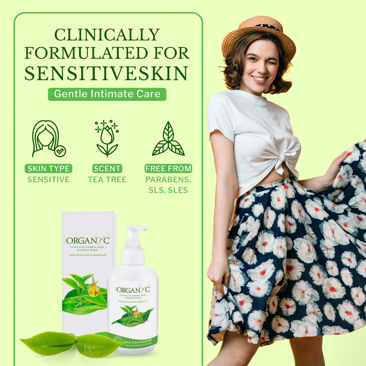 Organyc Intimwaschgel für empfindliche Haut, 250 ml, pH-ausgewogener Reiniger mit Bio-Teeöl & Pflanzenextrakten