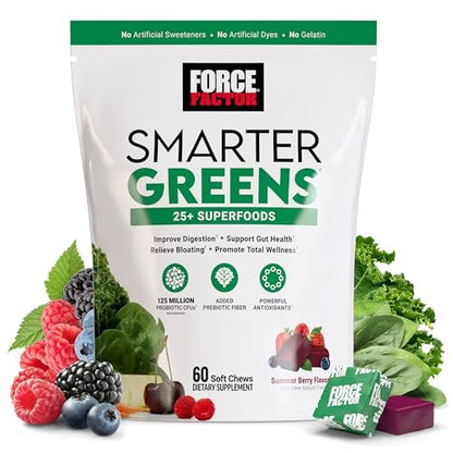 Force Factor Smarter Greens Superfood Kautabletten – Grünes Superfood für Darmgesundheit, Blähungen und Verdauung mit Probiotika, Antioxidantien und Ballaststoffen, Sommerbeere, 60 Kautabletten