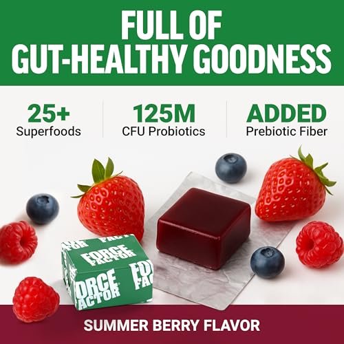 Force Factor Smarter Greens Superfood Kautabletten – Grünes Superfood für Darmgesundheit, Blähungen und Verdauung mit Probiotika, Antioxidantien und Ballaststoffen, Sommerbeere, 60 Kautabletten