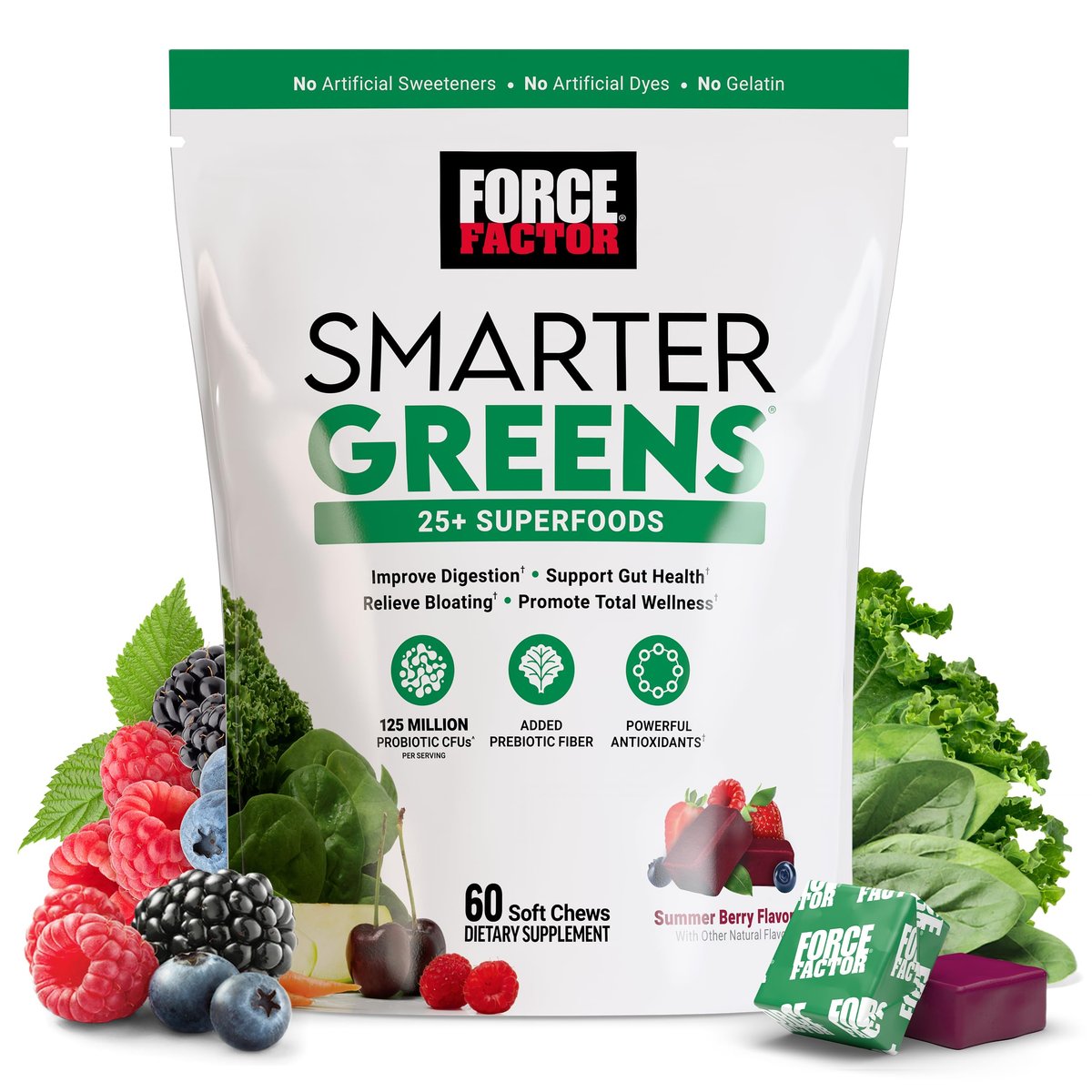 Force Factor Smarter Greens Superfood Kautabletten – Grünes Superfood für Darmgesundheit, Blähungen und Verdauung mit Probiotika, Antioxidantien und Ballaststoffen, Sommerbeere, 60 Kautabletten