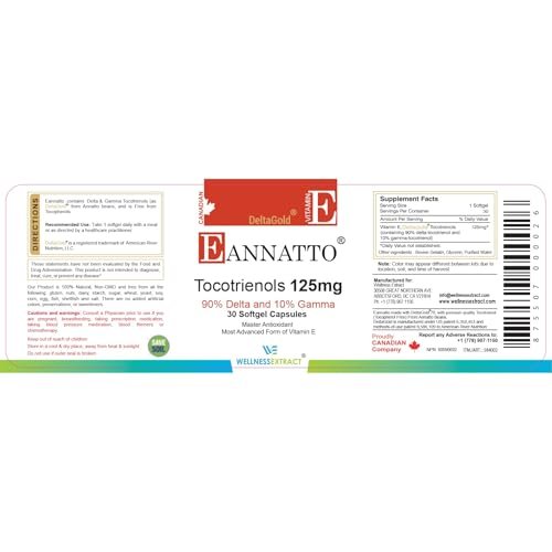 WELLNESS EXTRACT Eannatto Tocotrienole Vitamin E Nahrungsergänzungsmittel, Tocopherolfrei, Nicht-GVO, Glutenfrei & Antioxidans (125 mg, 30 Weichkapseln)