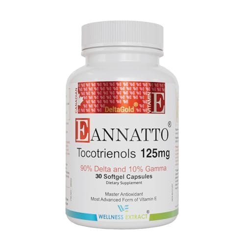 WELLNESS EXTRACT Eannatto Tocotrienole Vitamin E Nahrungsergänzungsmittel, Tocopherolfrei, Nicht-GVO, Glutenfrei & Antioxidans (125 mg, 30 Weichkapseln)