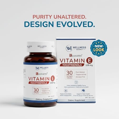 WELLNESS EXTRACT Eannatto Tocotrienole Vitamin E Nahrungsergänzungsmittel, Tocopherolfrei, Nicht-GVO, Glutenfrei & Antioxidans (125 mg, 30 Weichkapseln)