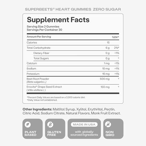 humanN SuperBeets Herz-Gummis ohne Zucker - Rote-Bete-Gummis mit Energieunterstützung, Traubenkernextrakt & Rote-Bete-Pulver - 60 Stück